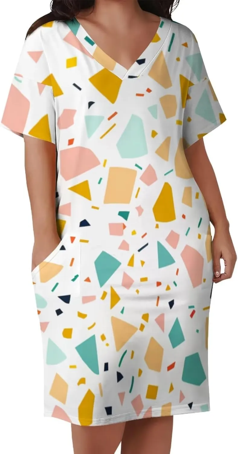 Plus Size Dress for Women Summer Casual Boho V Neck Short Sleeve with Pockets Loose A Line Midi Dresses