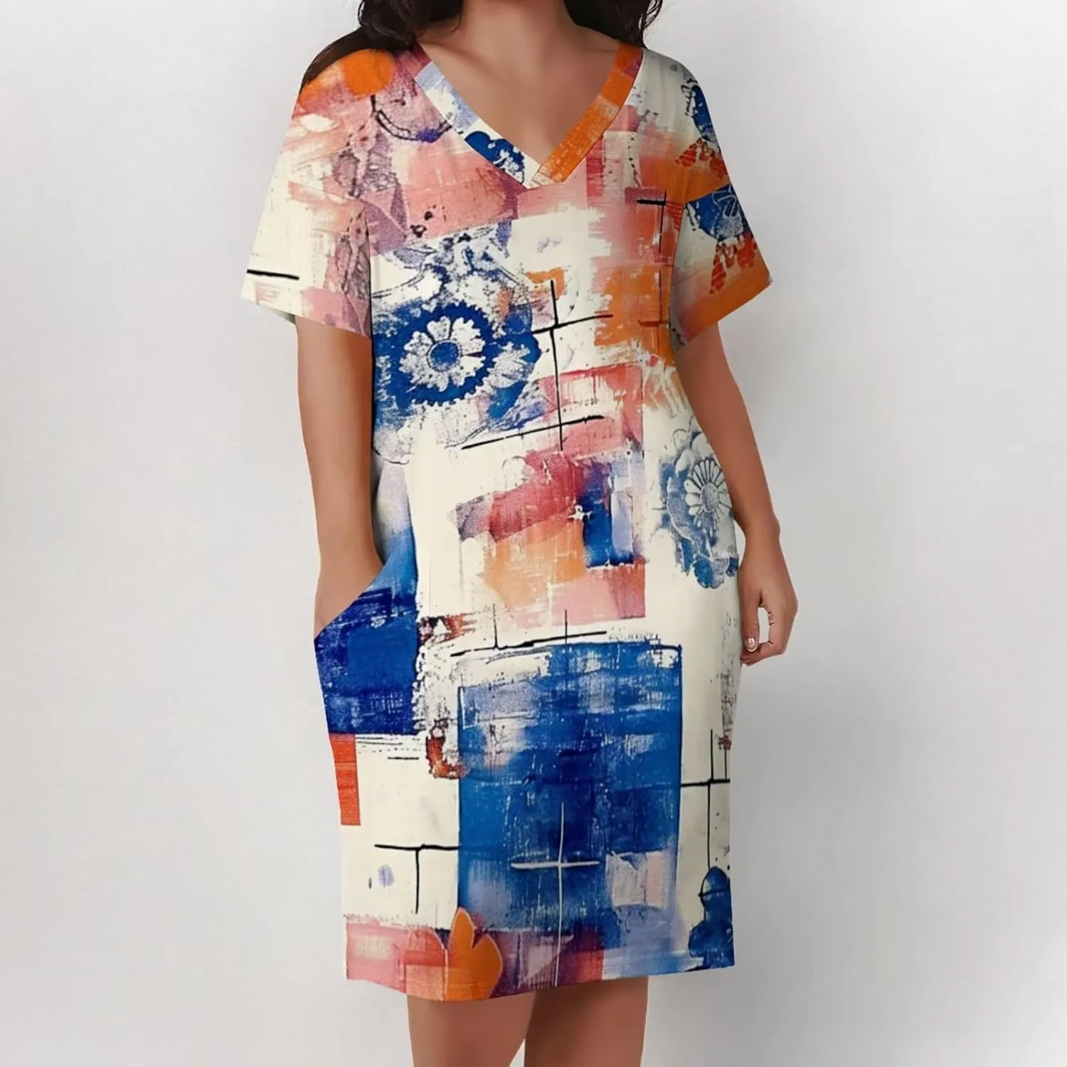 Plus Size Dress for Women Summer Casual Boho V Neck Short Sleeve with Pockets Loose A Line Midi Dresses