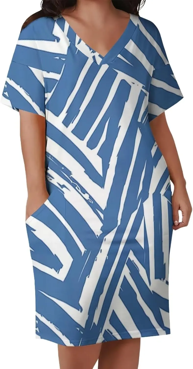 Plus Size Dress for Women Summer Casual Boho V Neck Short Sleeve with Pockets Loose A Line Midi Dresses
