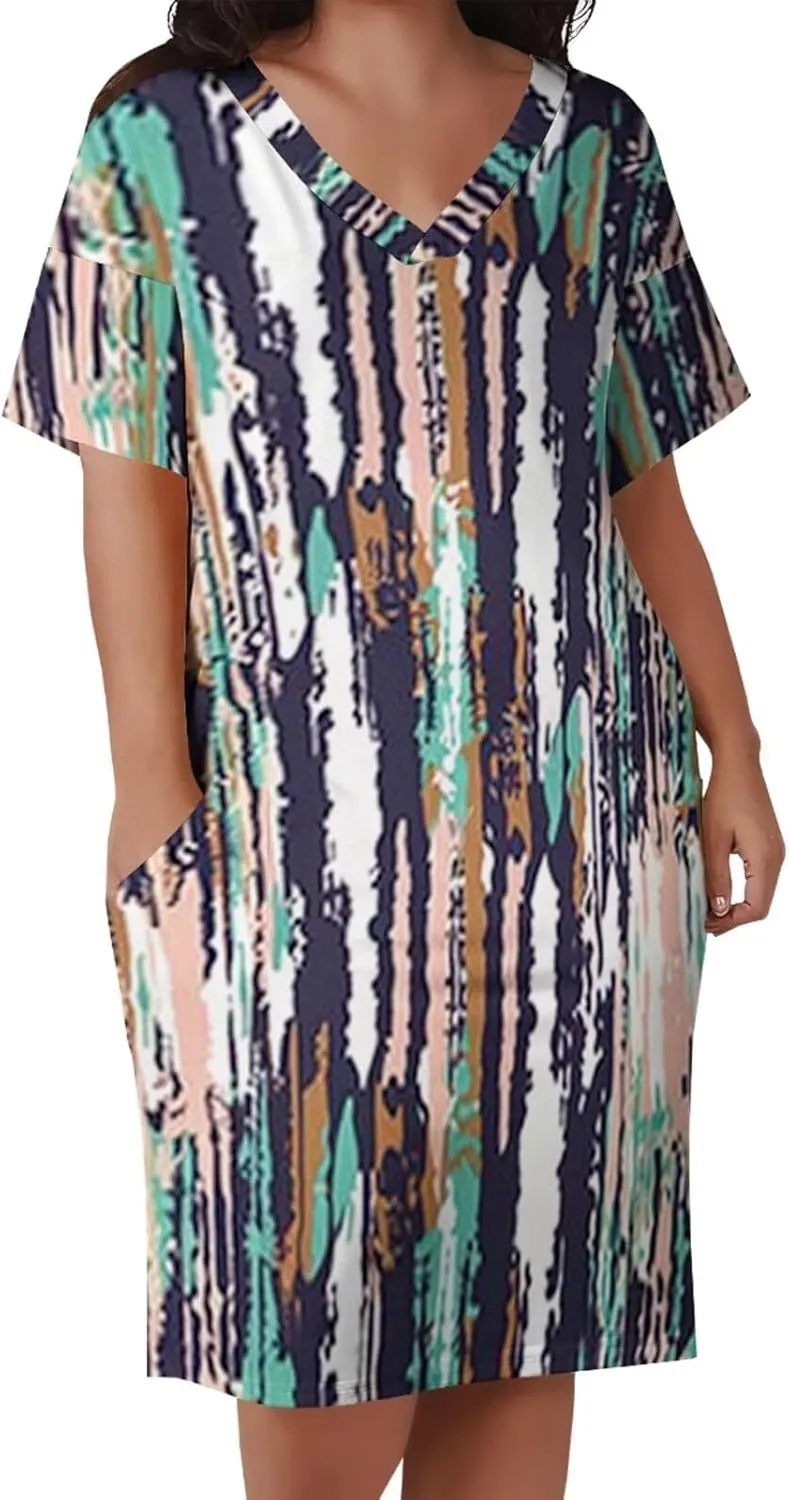 Plus Size Dress for Women Summer Casual Geometric V Neck Short Sleeve with Pockets Tshirt Loose Midi Dresses