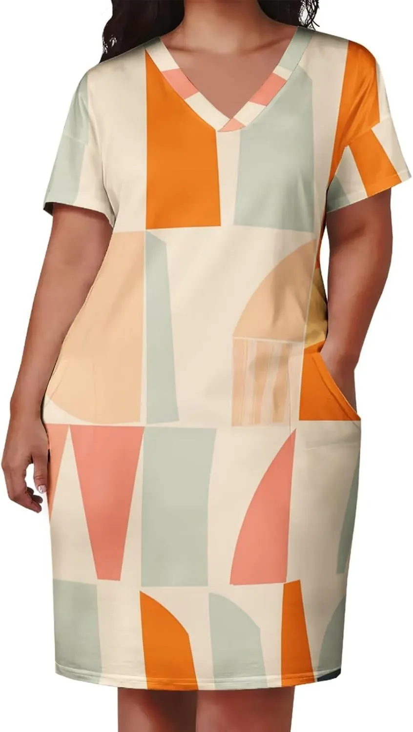 Plus Size Dress for Women Summer Casual Geometric V Neck Short Sleeve with Pockets Tshirt Loose Midi Dresses
