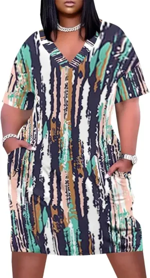 Plus Size Dress for Women Summer Casual Geometric V Neck Short Sleeve with Pockets Tshirt Loose Midi Dresses