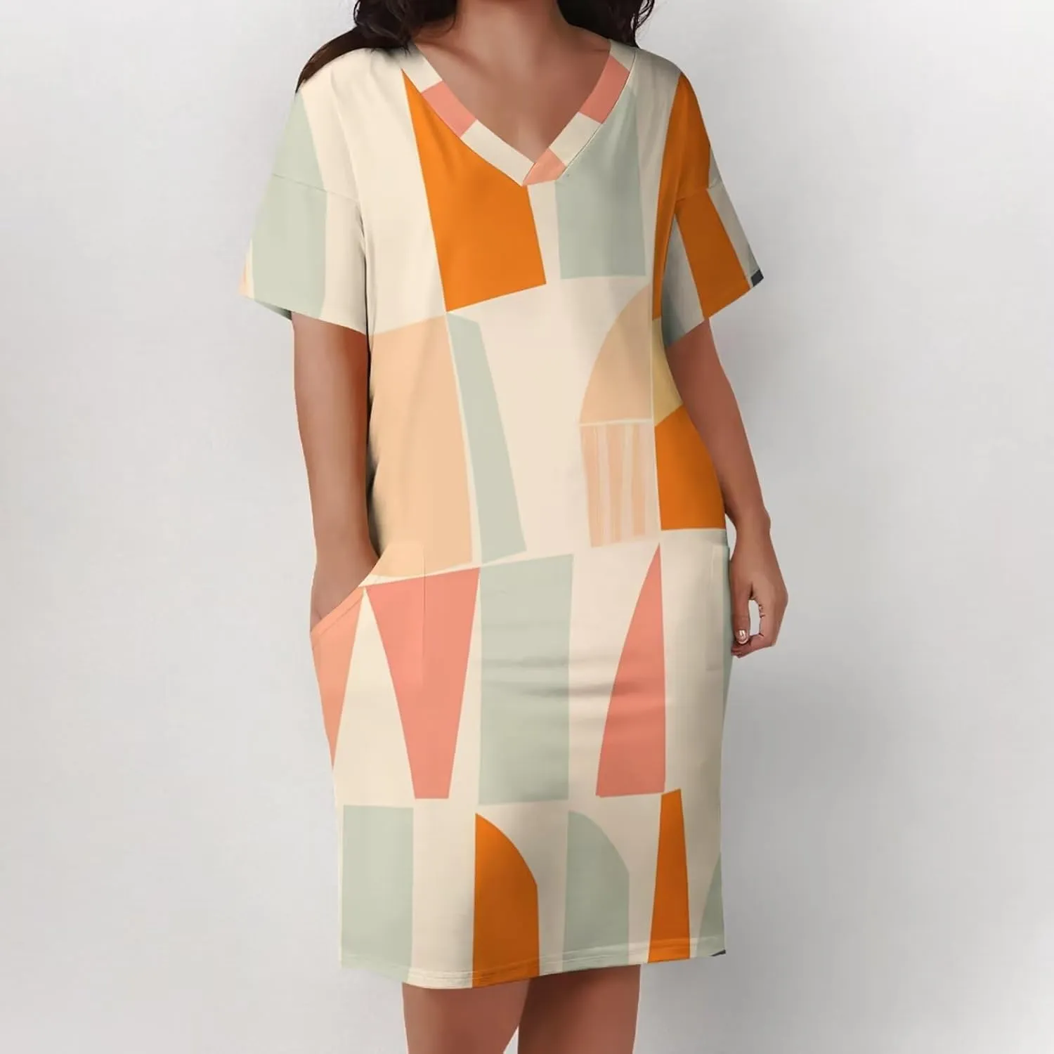 Plus Size Dress for Women Summer Casual Geometric V Neck Short Sleeve with Pockets Tshirt Loose Midi Dresses