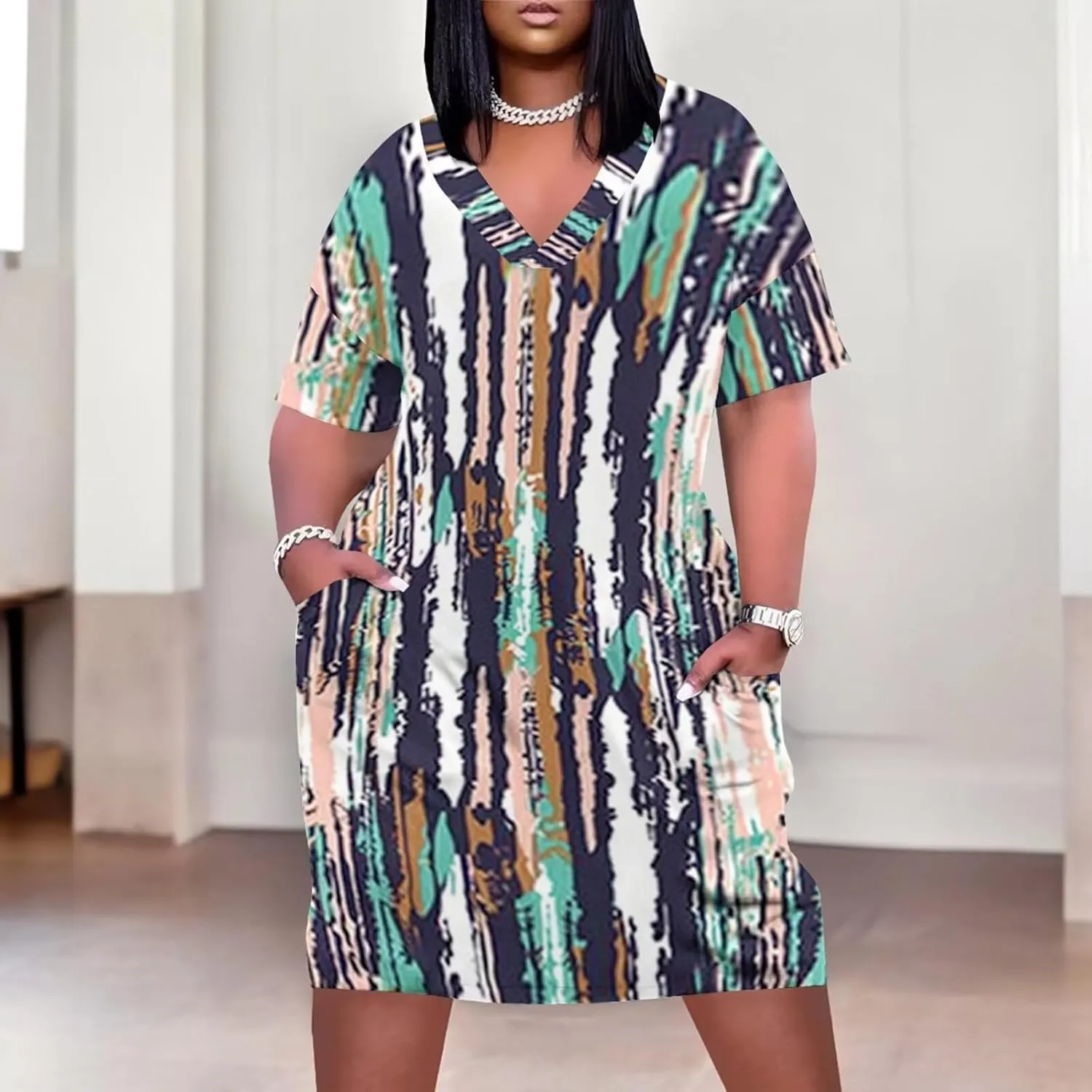 Plus Size Dress for Women Summer Casual Geometric V Neck Short Sleeve with Pockets Tshirt Loose Midi Dresses