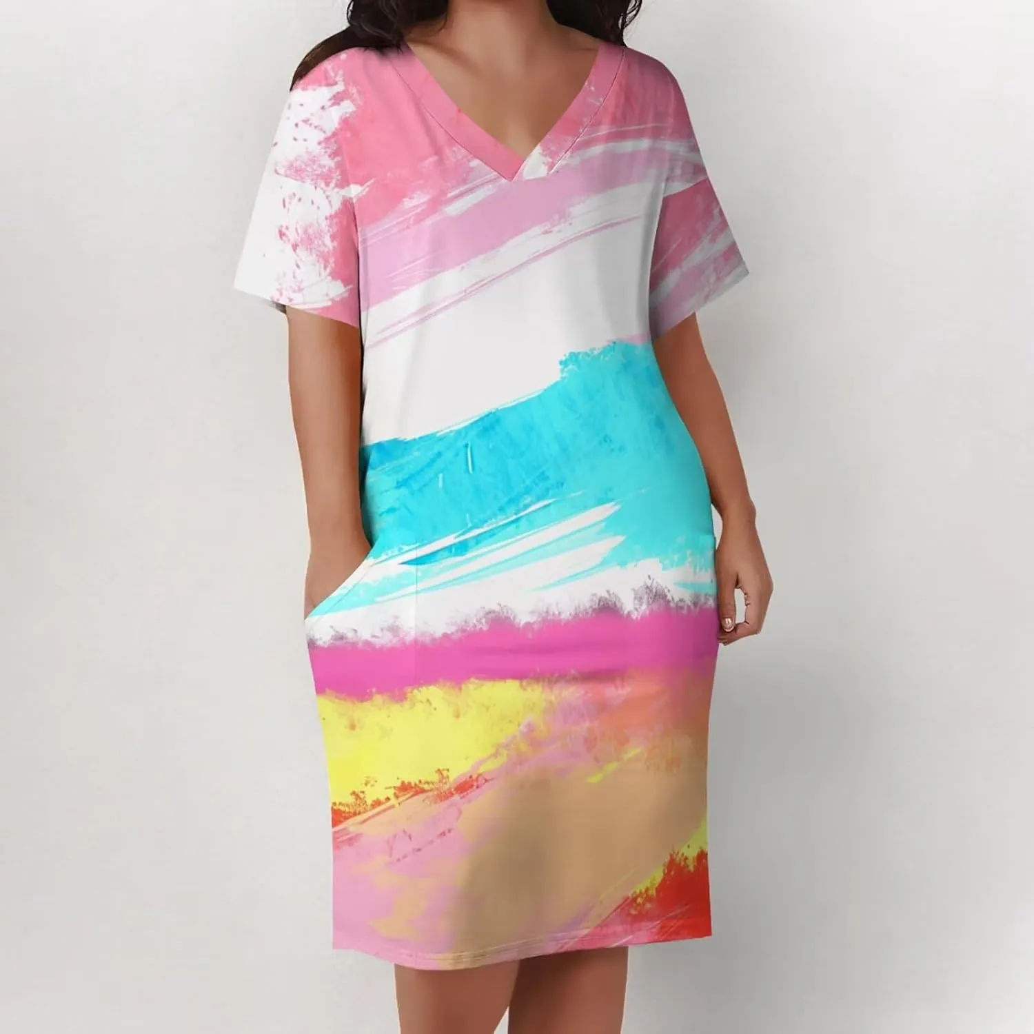 Plus Size Dress for Women Summer Casual Geometric V Neck Short Sleeve with Pockets Tshirt Loose Midi Dresses