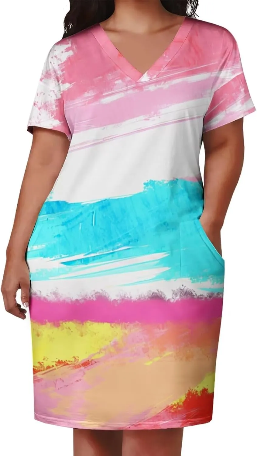 Plus Size Dress for Women Summer Casual Geometric V Neck Short Sleeve with Pockets Tshirt Loose Midi Dresses