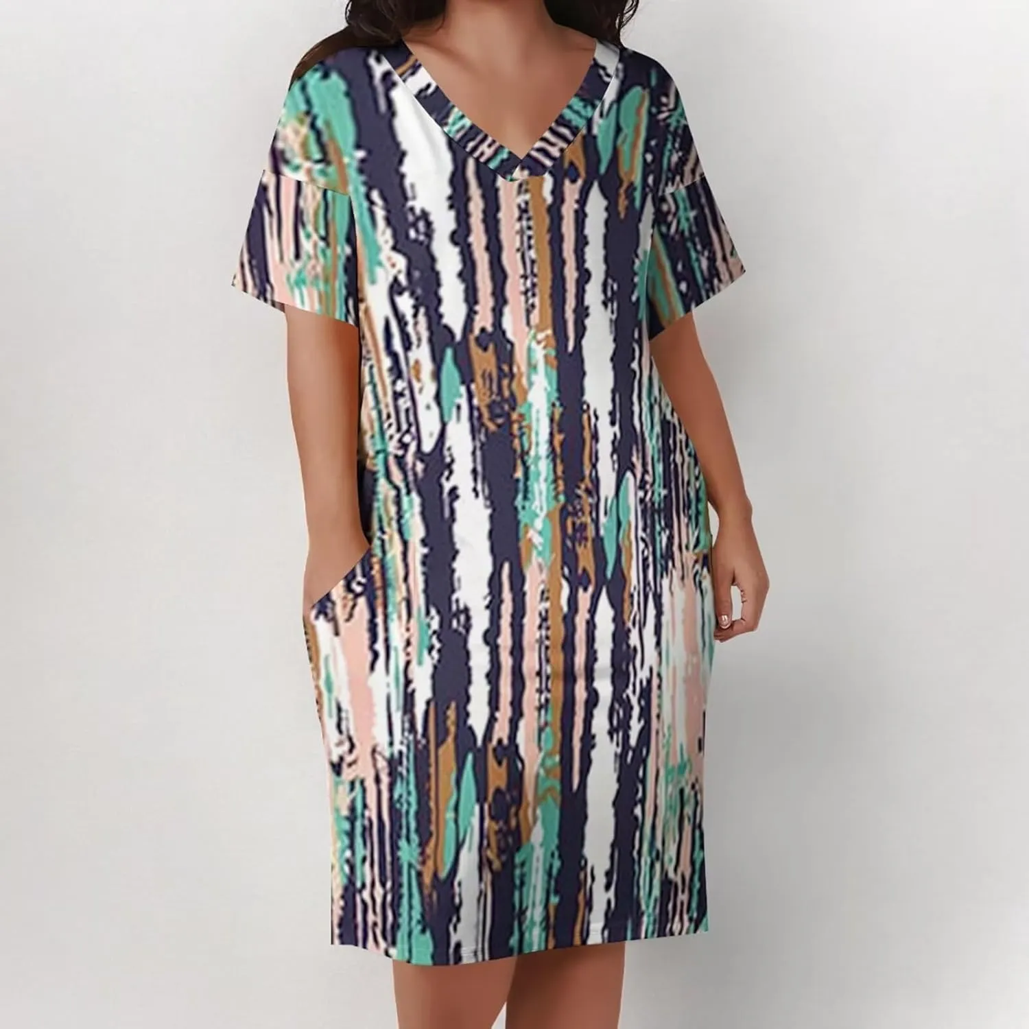 Plus Size Dress for Women Summer Casual Geometric V Neck Short Sleeve with Pockets Tshirt Loose Midi Dresses
