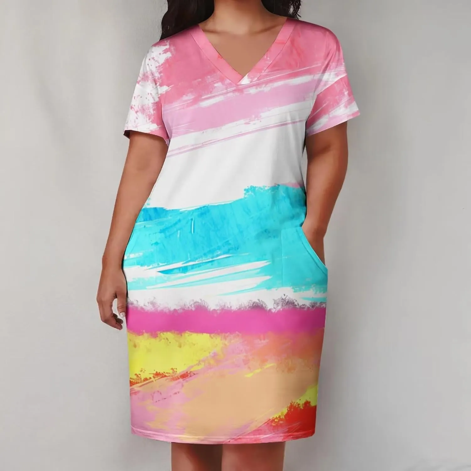 Plus Size Dress for Women Summer Casual Geometric V Neck Short Sleeve with Pockets Tshirt Loose Midi Dresses