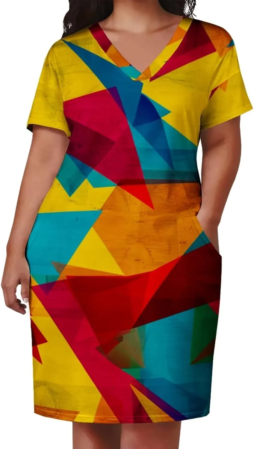 Plus Size Dress for Women Summer Casual Geometric V Neck Short Sleeve with Pockets Tshirt Loose Midi Dresses