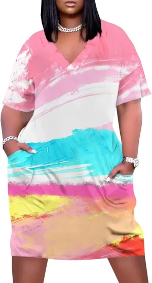 Plus Size Dress for Women Summer Casual Geometric V Neck Short Sleeve with Pockets Tshirt Loose Midi Dresses