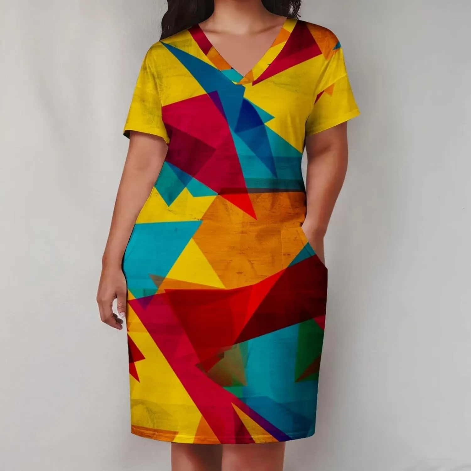 Plus Size Dress for Women Summer Casual Geometric V Neck Short Sleeve with Pockets Tshirt Loose Midi Dresses