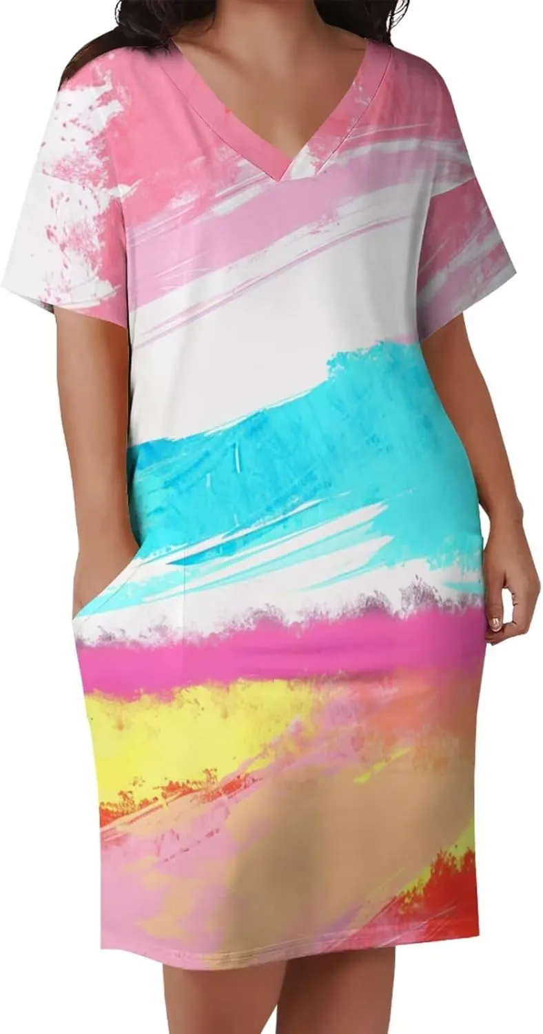 Plus Size Dress for Women Summer Casual Geometric V Neck Short Sleeve with Pockets Tshirt Loose Midi Dresses