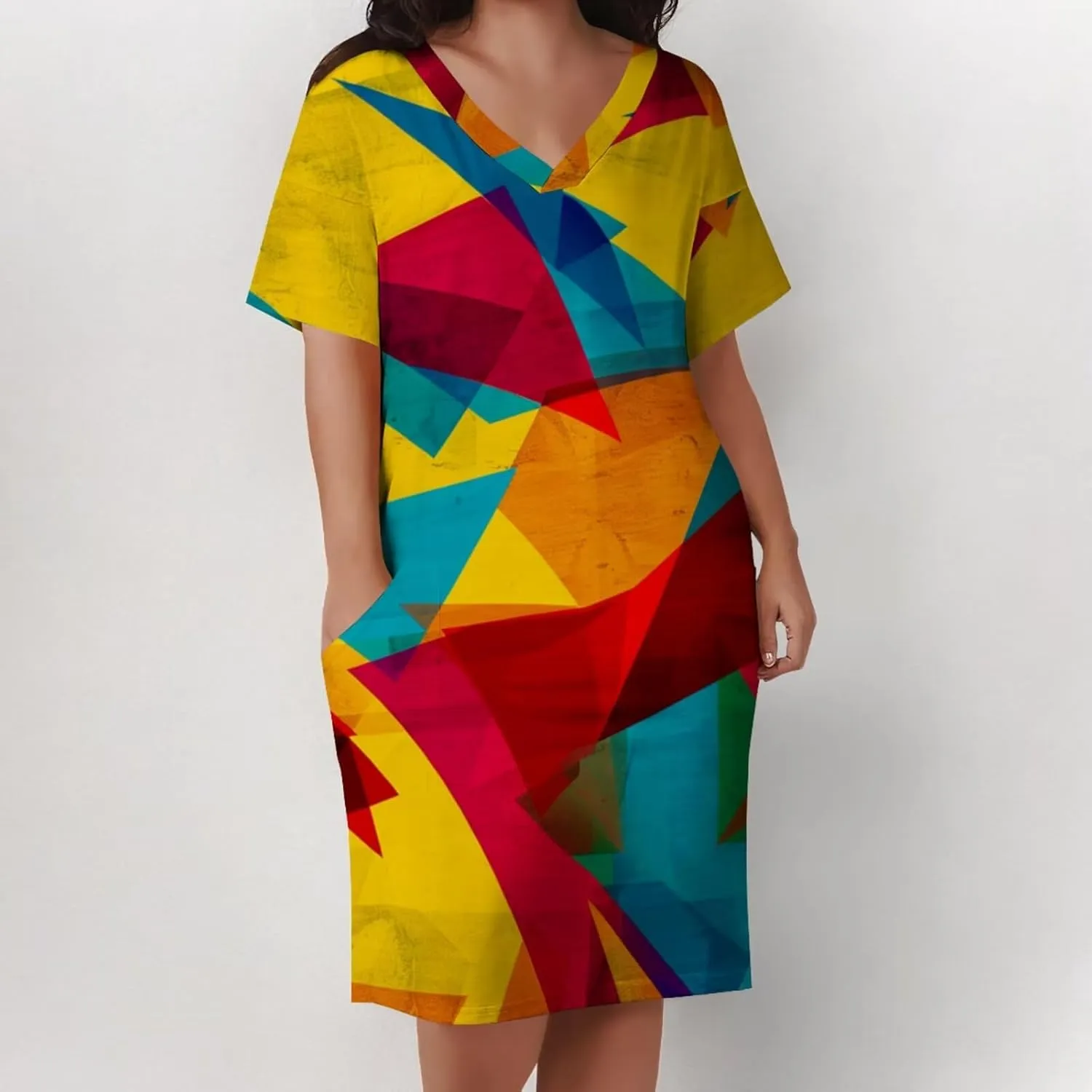 Plus Size Dress for Women Summer Casual Geometric V Neck Short Sleeve with Pockets Tshirt Loose Midi Dresses