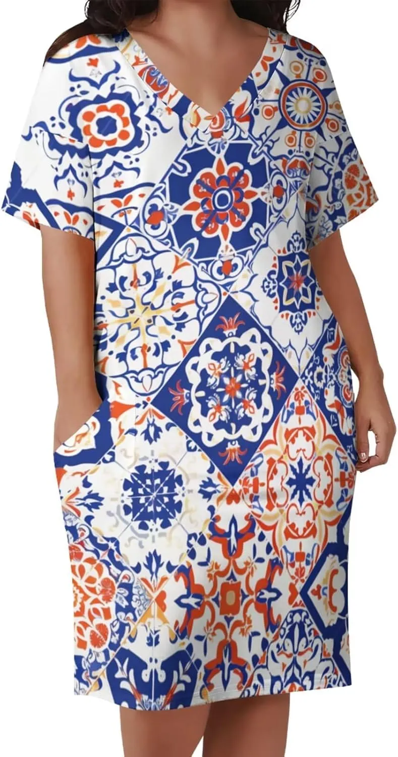 Plus Size Dress for Women Summer Casual Geometric V Neck Short Sleeve with Pockets Tshirt Loose Midi Dresses