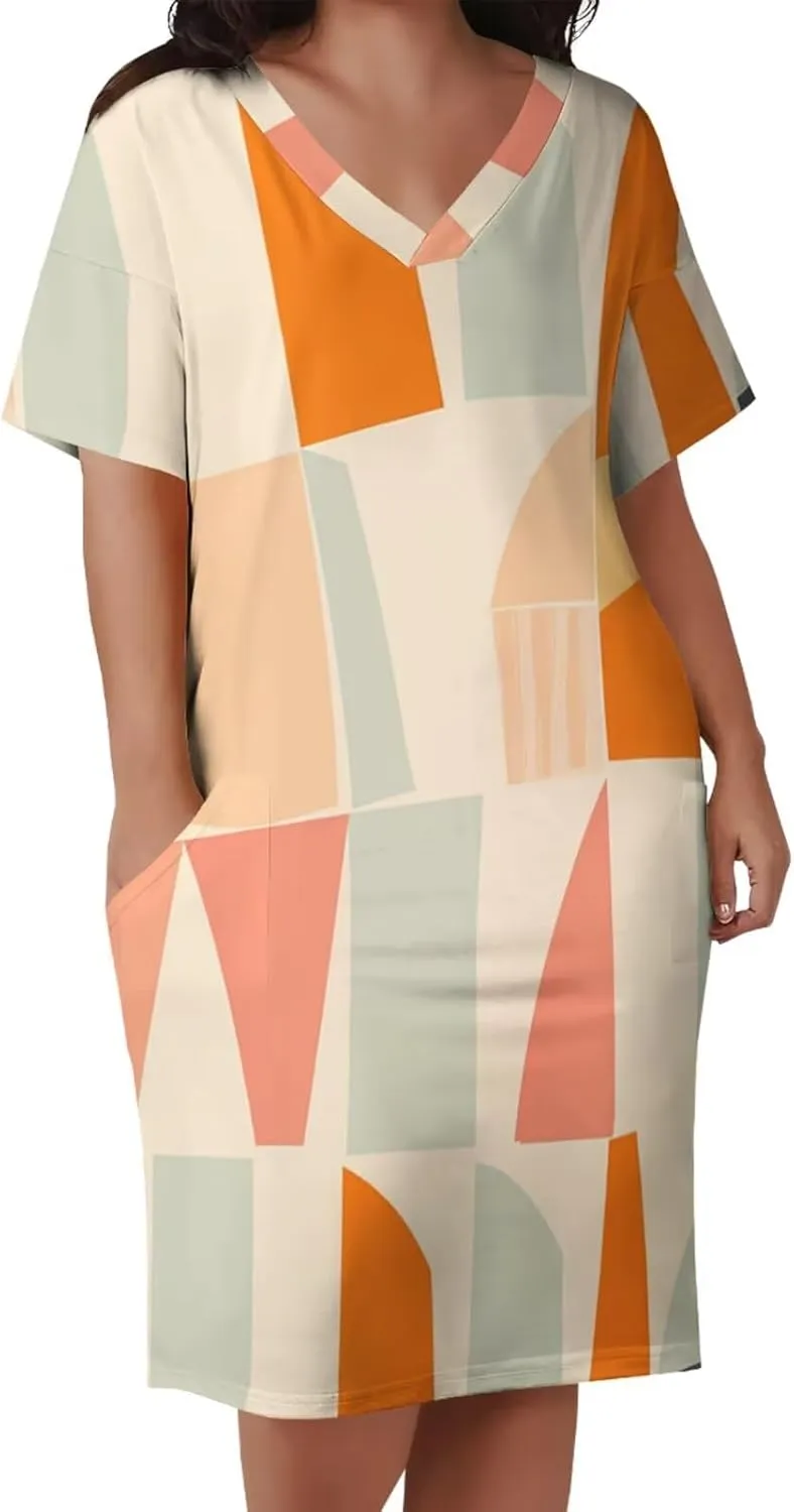 Plus Size Dress for Women Summer Casual Geometric V Neck Short Sleeve with Pockets Tshirt Loose Midi Dresses