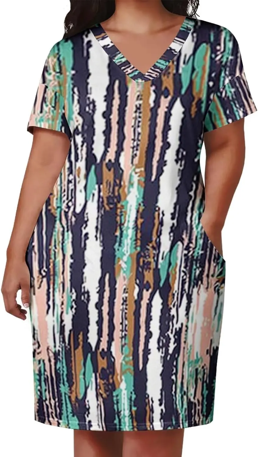 Plus Size Dress for Women Summer Casual Geometric V Neck Short Sleeve with Pockets Tshirt Loose Midi Dresses