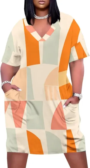 Plus Size Dress for Women Summer Casual Geometric V Neck Short Sleeve with Pockets Tshirt Loose Midi Dresses