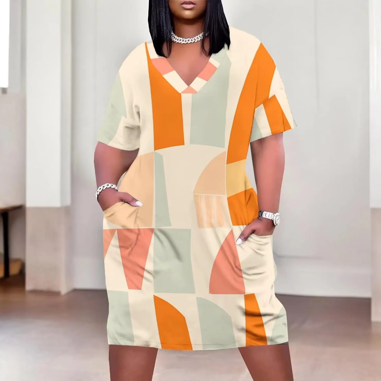 Plus Size Dress for Women Summer Casual Geometric V Neck Short Sleeve with Pockets Tshirt Loose Midi Dresses