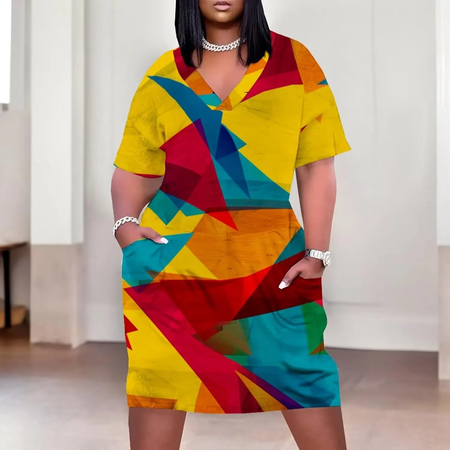 Plus Size Dress for Women Summer Casual Geometric V Neck Short Sleeve with Pockets Tshirt Loose Midi Dresses