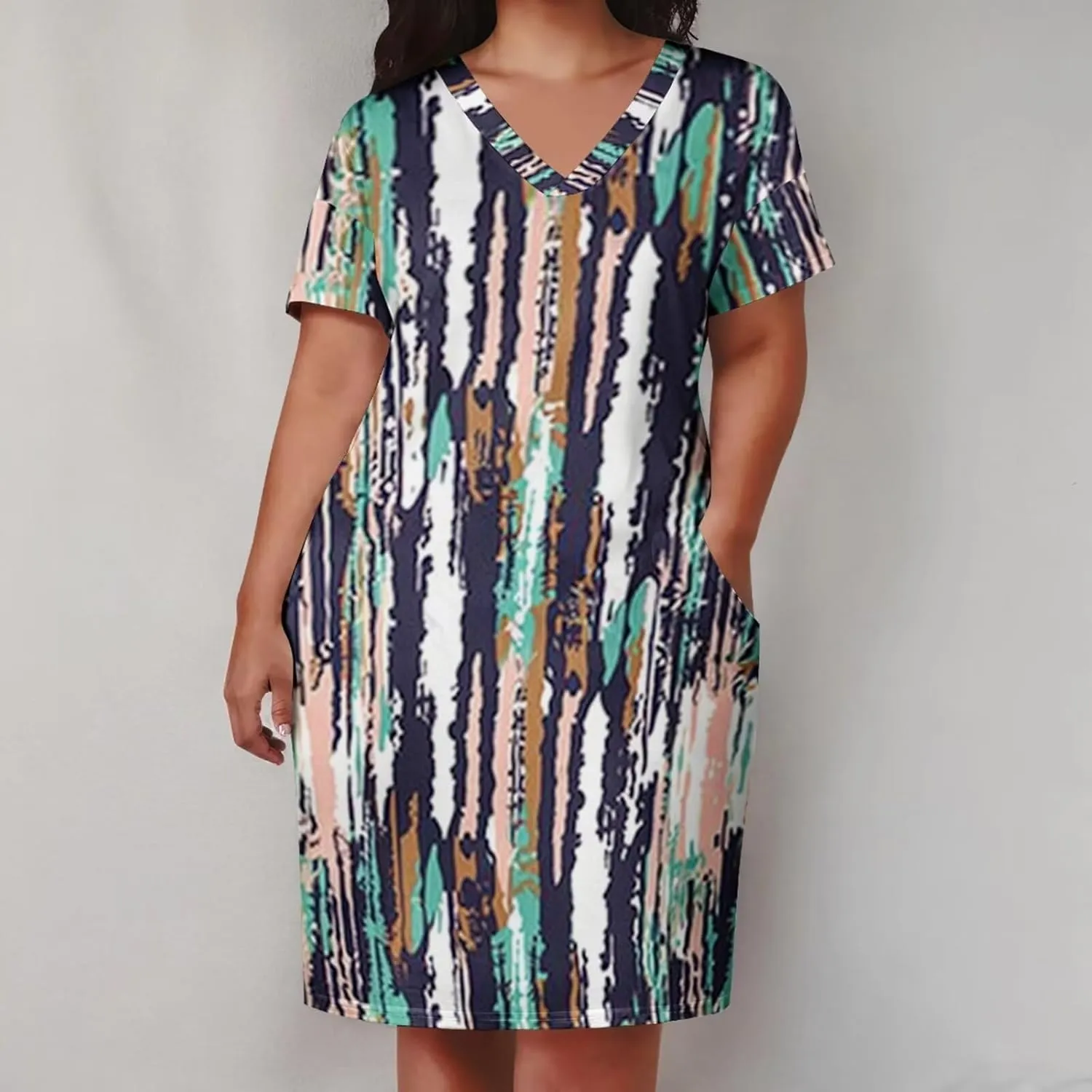 Plus Size Dress for Women Summer Casual Geometric V Neck Short Sleeve with Pockets Tshirt Loose Midi Dresses