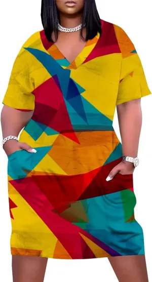 Plus Size Dress for Women Summer Casual Geometric V Neck Short Sleeve with Pockets Tshirt Loose Midi Dresses
