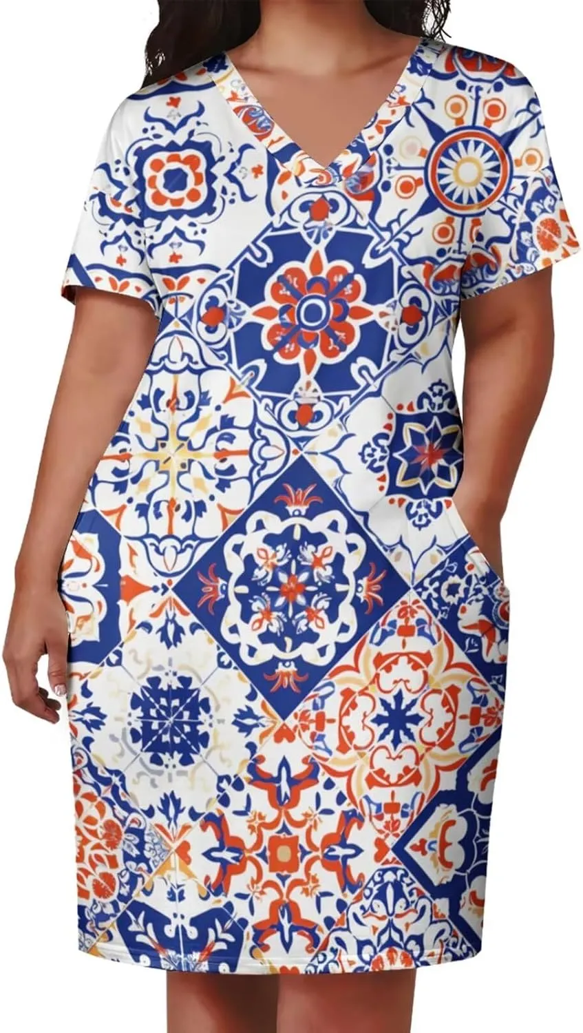 Plus Size Dress for Women Summer Casual Geometric V Neck Short Sleeve with Pockets Tshirt Loose Midi Dresses