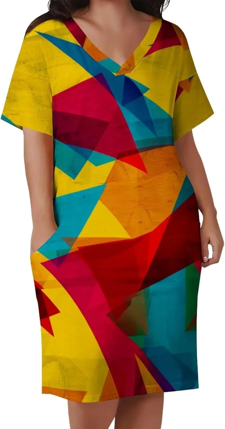 Plus Size Dress for Women Summer Casual Geometric V Neck Short Sleeve with Pockets Tshirt Loose Midi Dresses