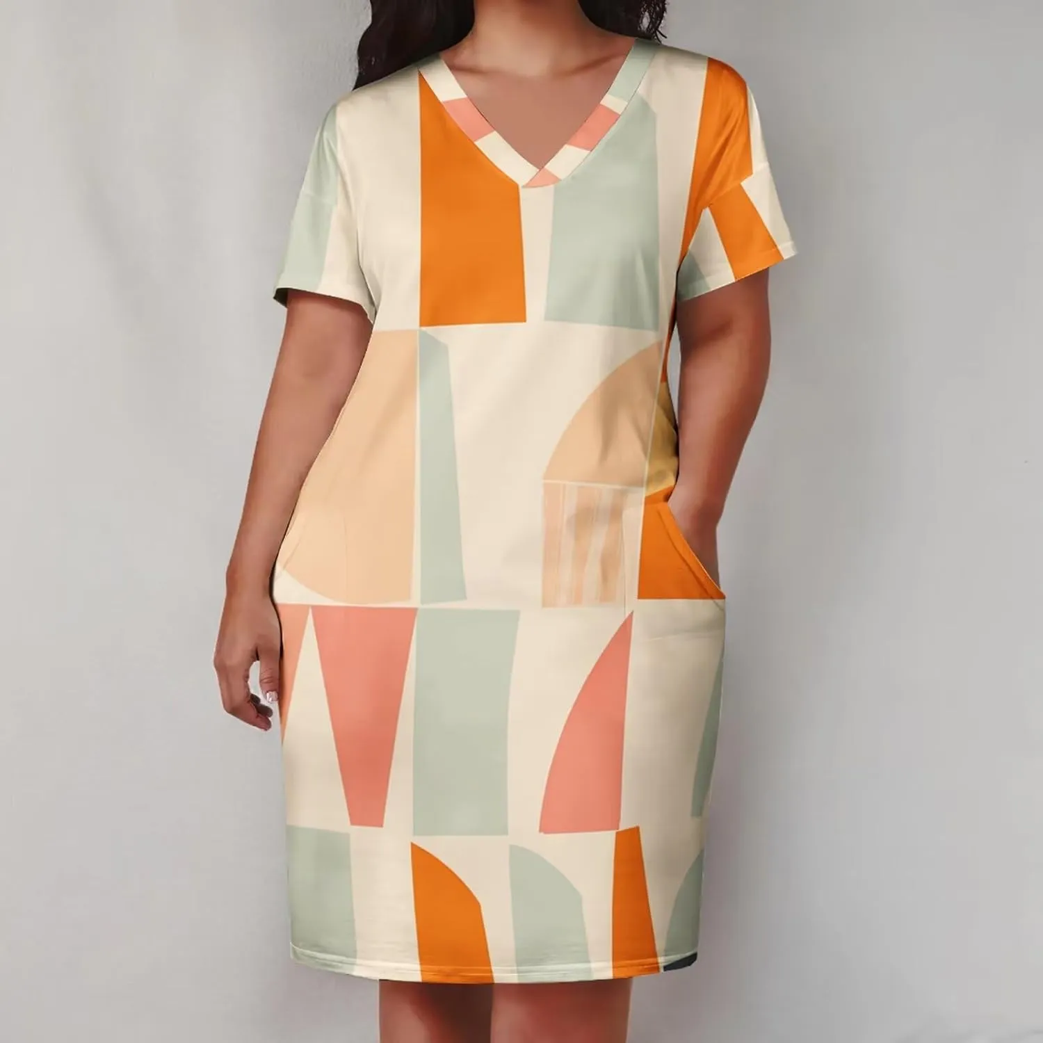 Plus Size Dress for Women Summer Casual Geometric V Neck Short Sleeve with Pockets Tshirt Loose Midi Dresses