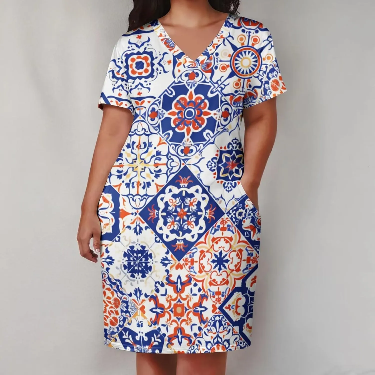 Plus Size Dress for Women Summer Casual Geometric V Neck Short Sleeve with Pockets Tshirt Loose Midi Dresses