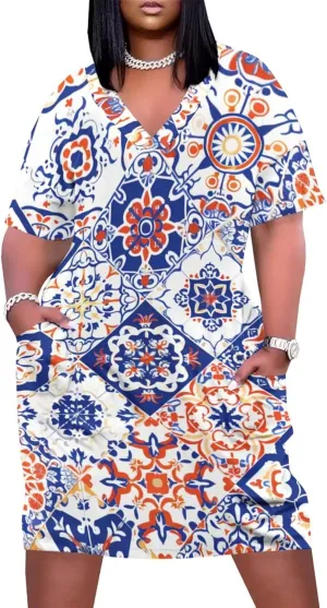 Plus Size Dress for Women Summer Casual Geometric V Neck Short Sleeve with Pockets Tshirt Loose Midi Dresses