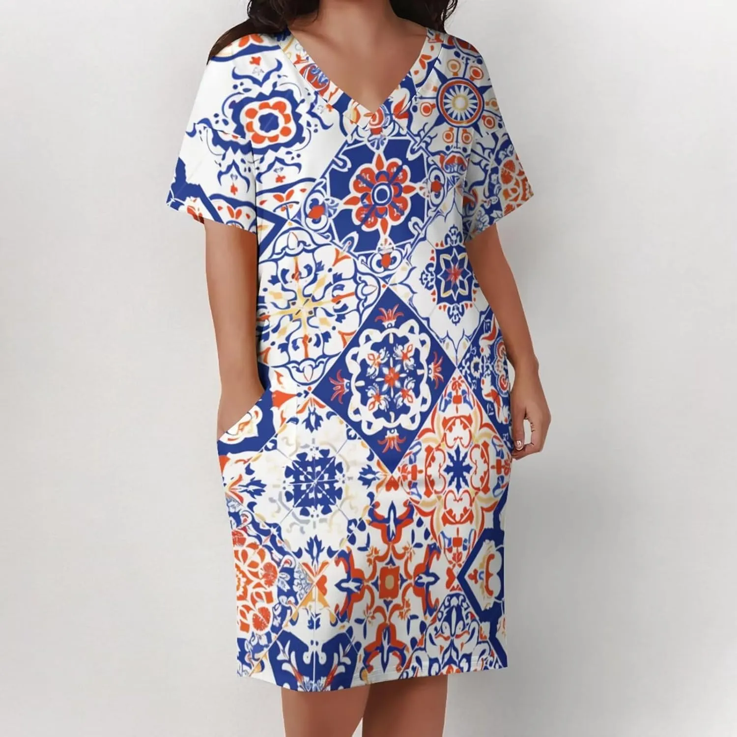 Plus Size Dress for Women Summer Casual Geometric V Neck Short Sleeve with Pockets Tshirt Loose Midi Dresses
