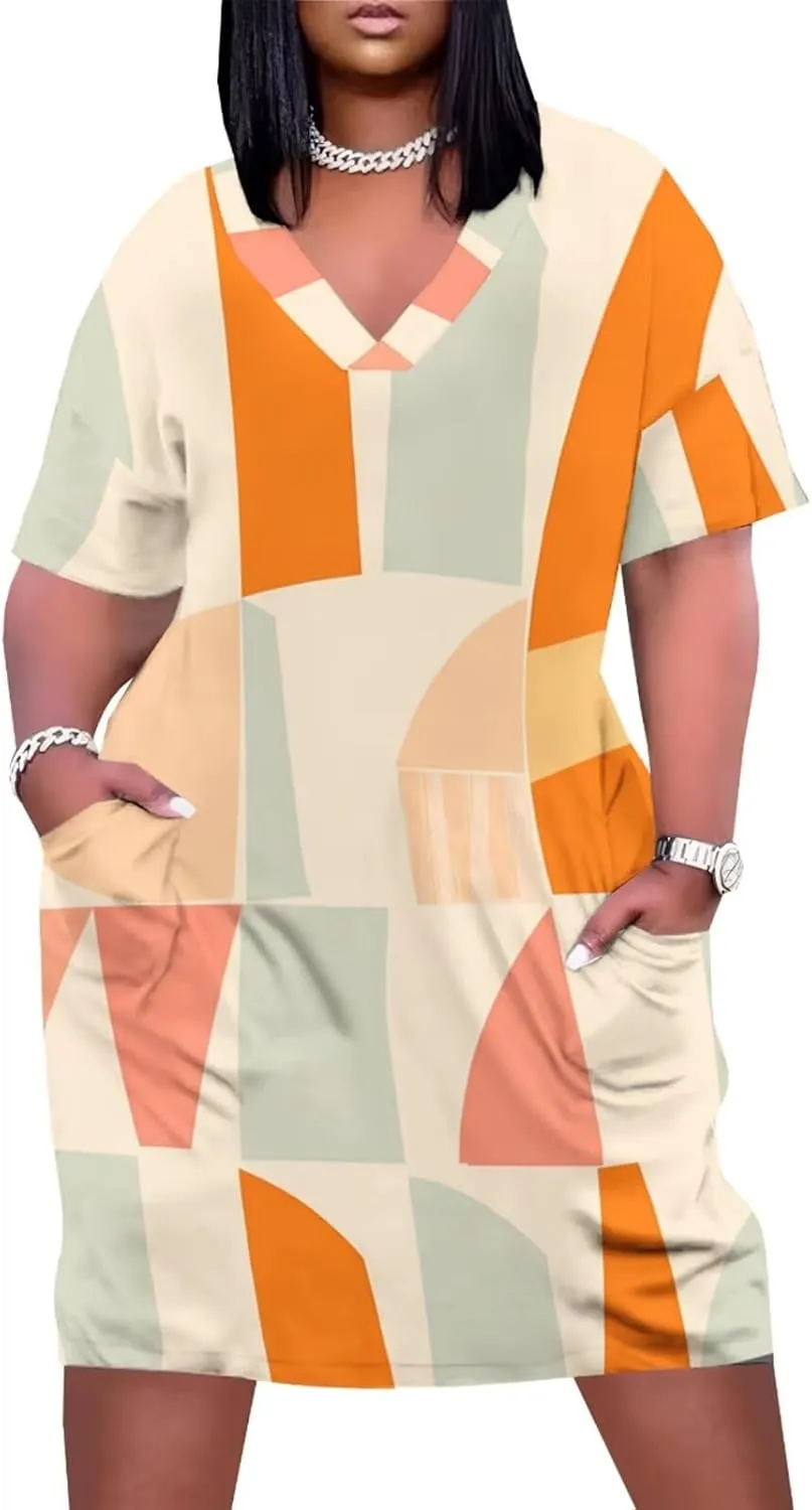 Plus Size Dress for Women Summer Casual Geometric V Neck Short Sleeve with Pockets Tshirt Loose Midi Dresses