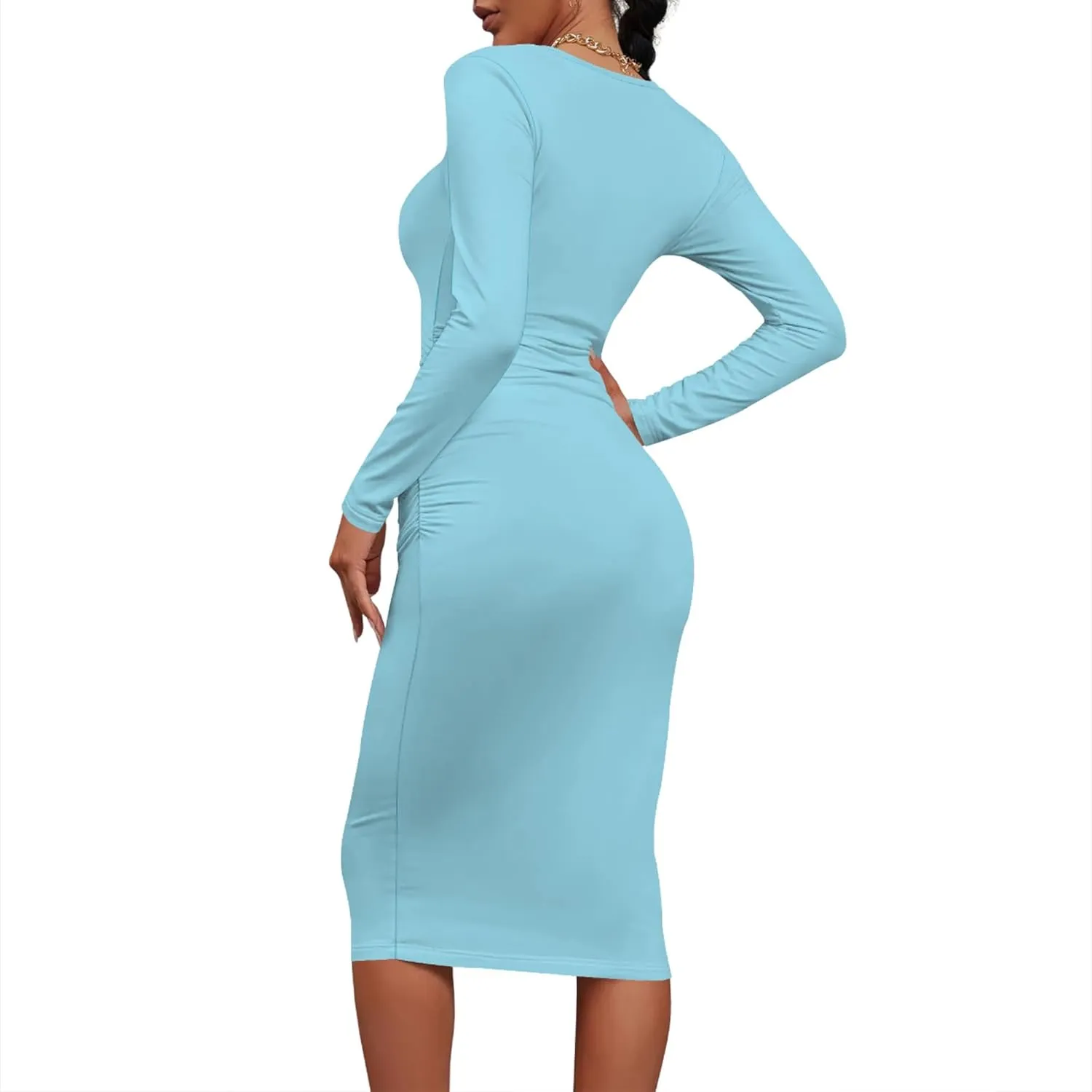 Plus Size Fall Midi Bodycon Dress for Curvy Women Round Neck Long Sleeve Knee Length Casual Dress Party Club Work Dress