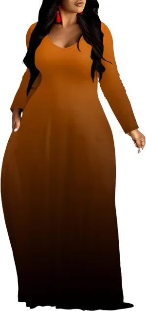 Plus Size Loose Maxi Dress for Women Autumn Casual Long Sleeve Solid Color Gradient Beach Party Sundress with Pockets
