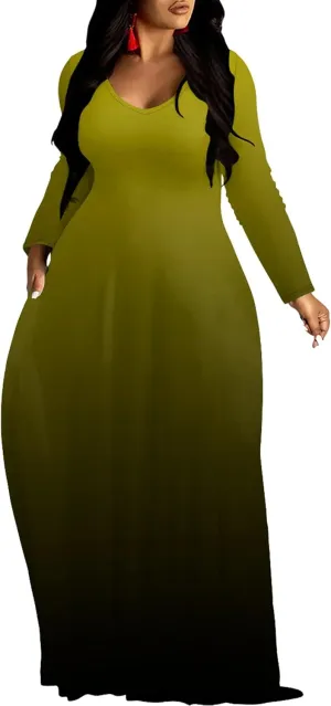 Plus Size Loose Maxi Dress for Women Autumn Casual Long Sleeve Solid Color Gradient Beach Party Sundress with Pockets