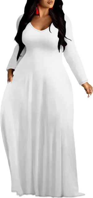 Plus Size Loose Maxi Dress for Women Autumn Casual Long Sleeve Solid Color Gradient Beach Party Sundress with Pockets