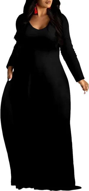 Plus Size Loose Maxi Dress for Women Autumn Casual Long Sleeve Solid Color Gradient Beach Party Sundress with Pockets
