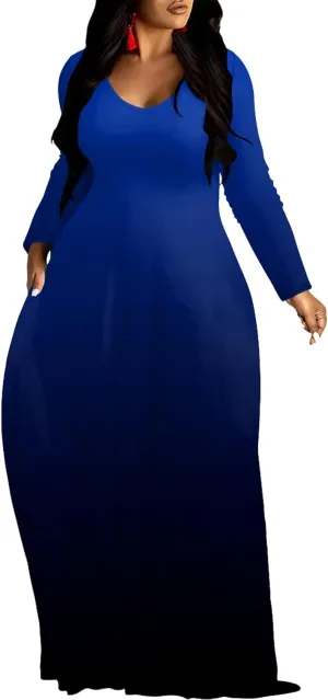 Plus Size Loose Maxi Dress for Women Autumn Casual Long Sleeve Solid Color Gradient Beach Party Sundress with Pockets