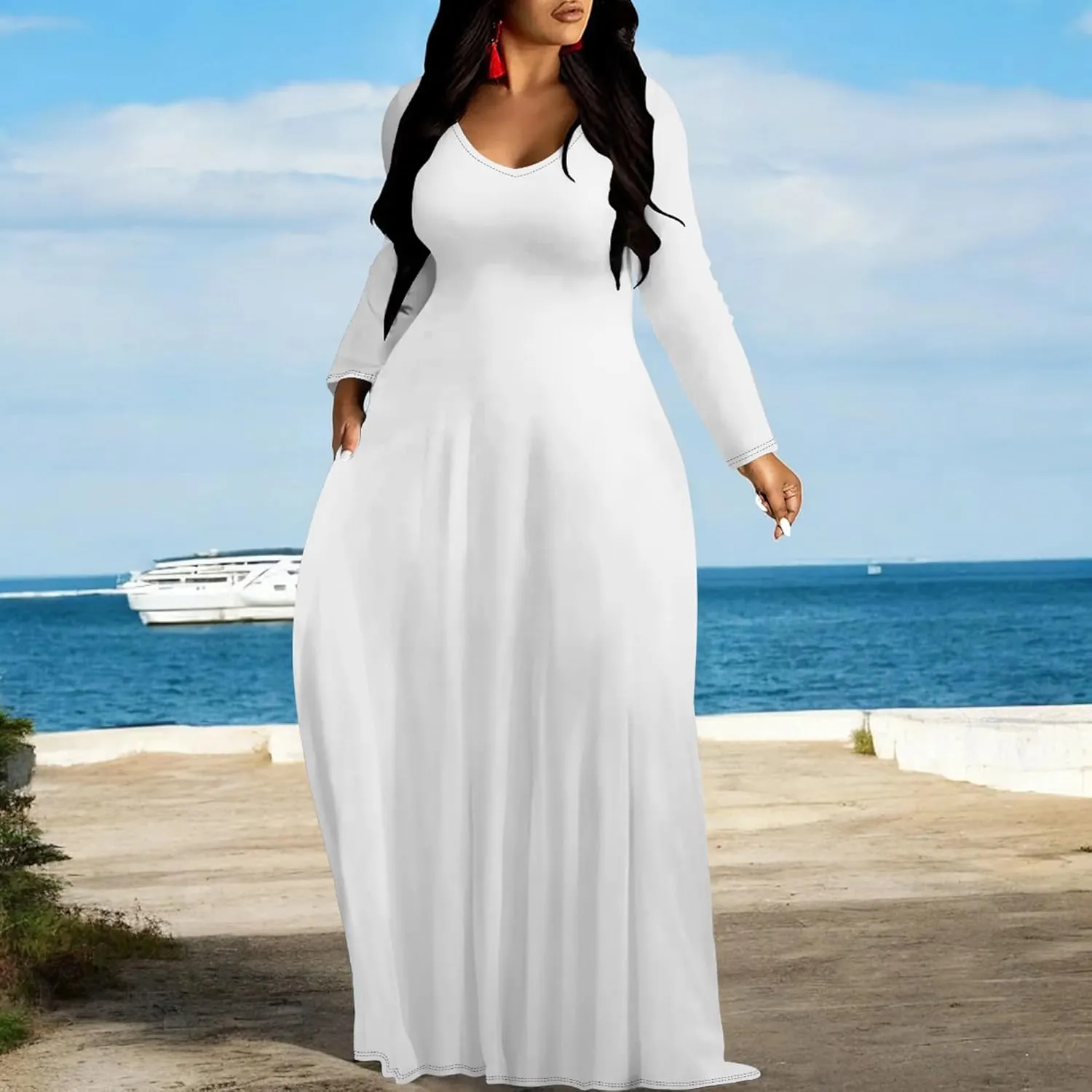 Plus Size Loose Maxi Dress for Women Autumn Casual Long Sleeve Solid Color Gradient Beach Party Sundress with Pockets