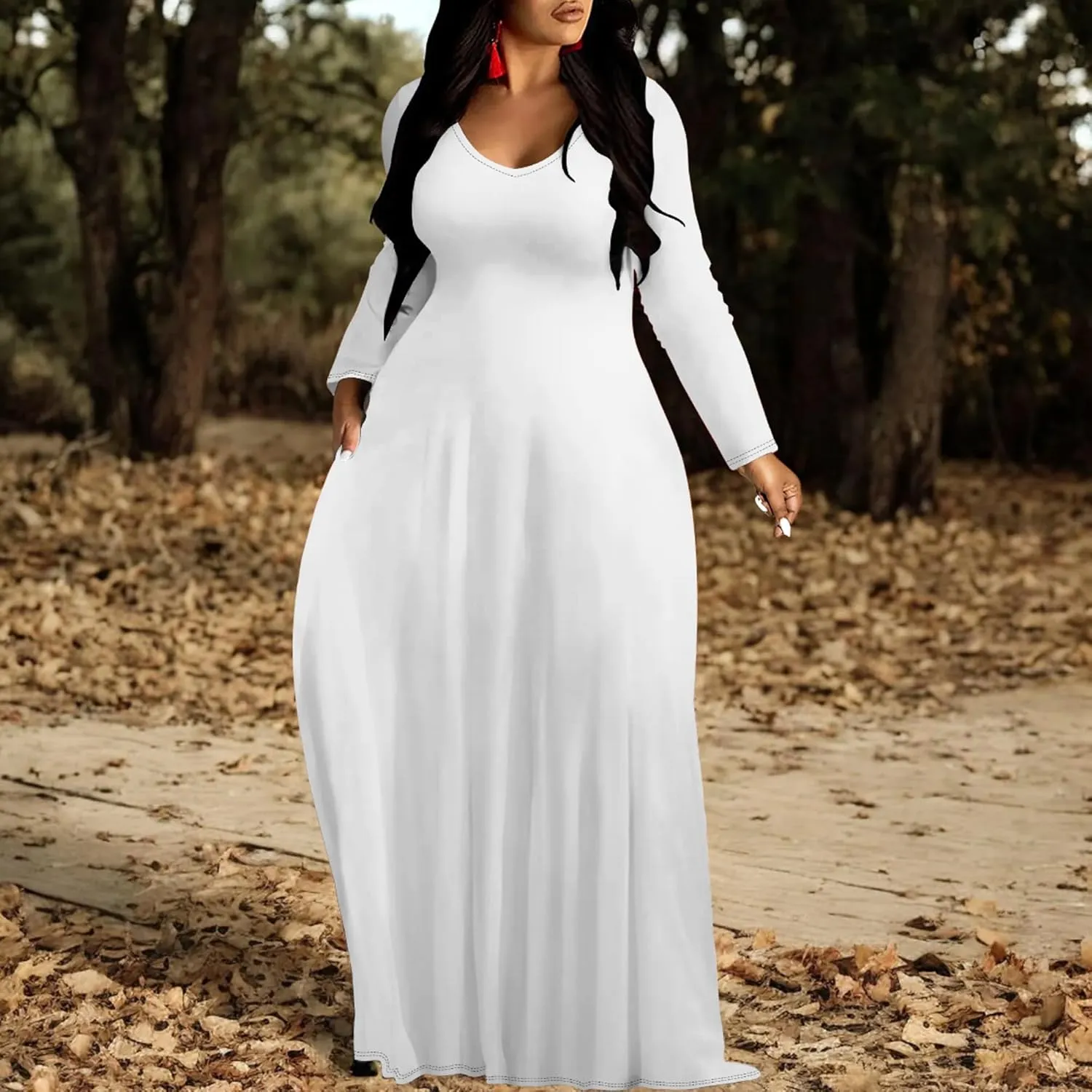 Plus Size Loose Maxi Dress for Women Autumn Casual Long Sleeve Solid Color Gradient Beach Party Sundress with Pockets