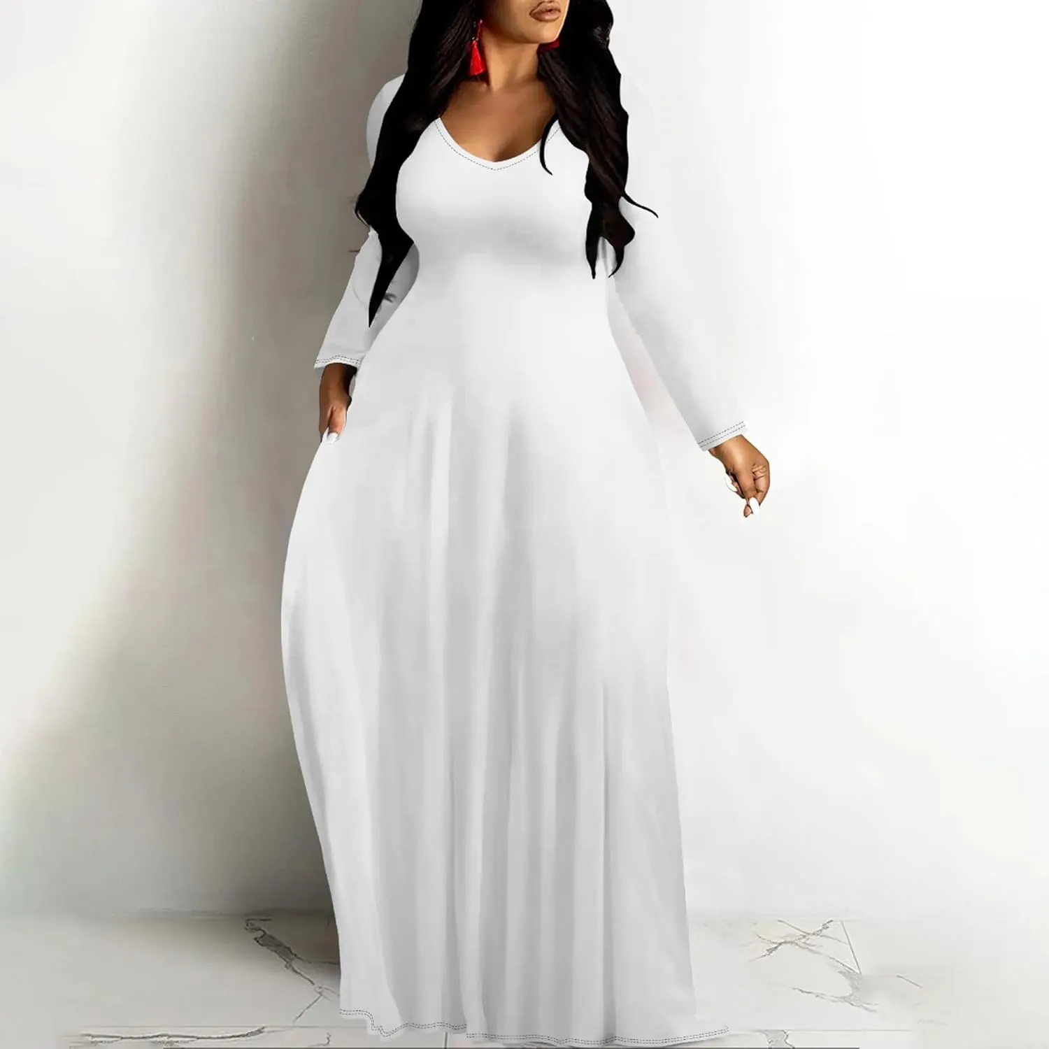 Plus Size Loose Maxi Dress for Women Autumn Casual Long Sleeve Solid Color Gradient Beach Party Sundress with Pockets