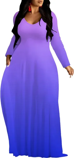 Plus Size Loose Maxi Dress for Women Autumn Casual Long Sleeve Solid Color Gradient Beach Party Sundress with Pockets
