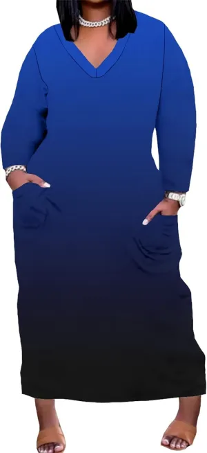 Plus-Size Loose Maxi Dresses for Women Solid Color Gradient Autumn Long Sleeves V Neck Club Party Sundress with Pockets
