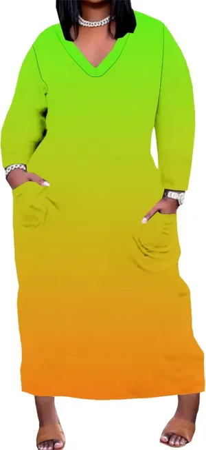 Plus-Size Loose Maxi Dresses for Women Solid Color Gradient Autumn Long Sleeves V Neck Club Party Sundress with Pockets
