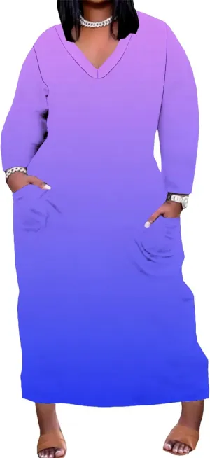 Plus-Size Loose Maxi Dresses for Women Solid Color Gradient Autumn Long Sleeves V Neck Club Party Sundress with Pockets