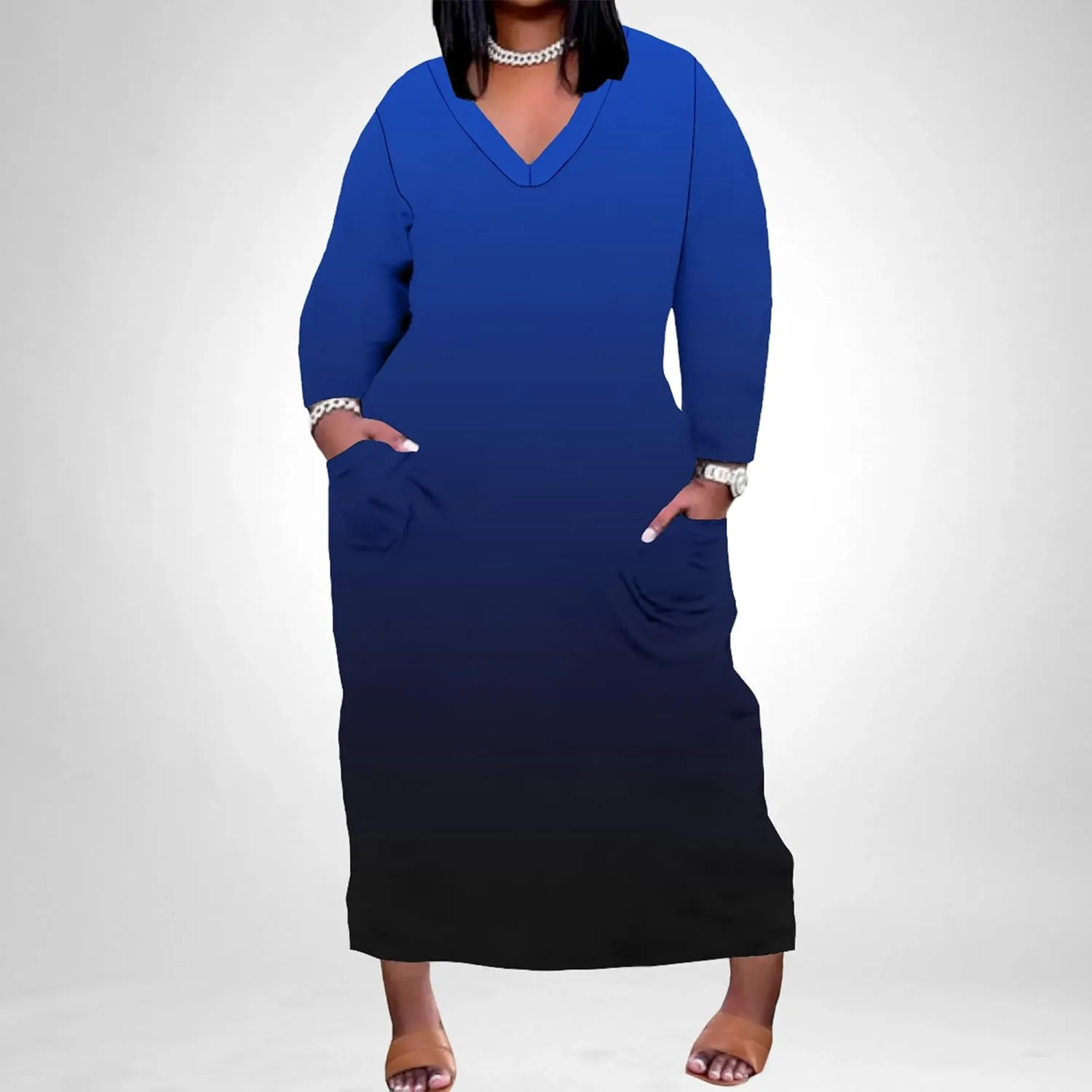 Plus-Size Loose Maxi Dresses for Women Solid Color Gradient Autumn Long Sleeves V Neck Club Party Sundress with Pockets