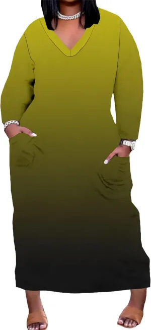 Plus-Size Loose Maxi Dresses for Women Solid Color Gradient Autumn Long Sleeves V Neck Club Party Sundress with Pockets