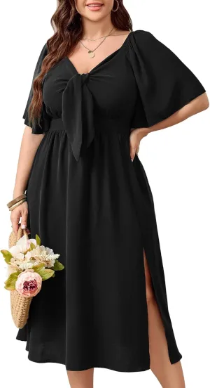 Plus Size Summer Dress Flowy Short Sleeve Deep V Neck Elegant Bow Tie Midi Dresses