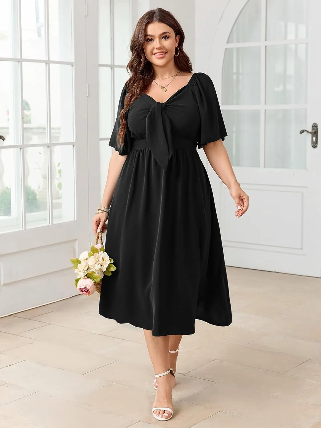 Plus Size Summer Dress Flowy Short Sleeve Deep V Neck Elegant Bow Tie Midi Dresses