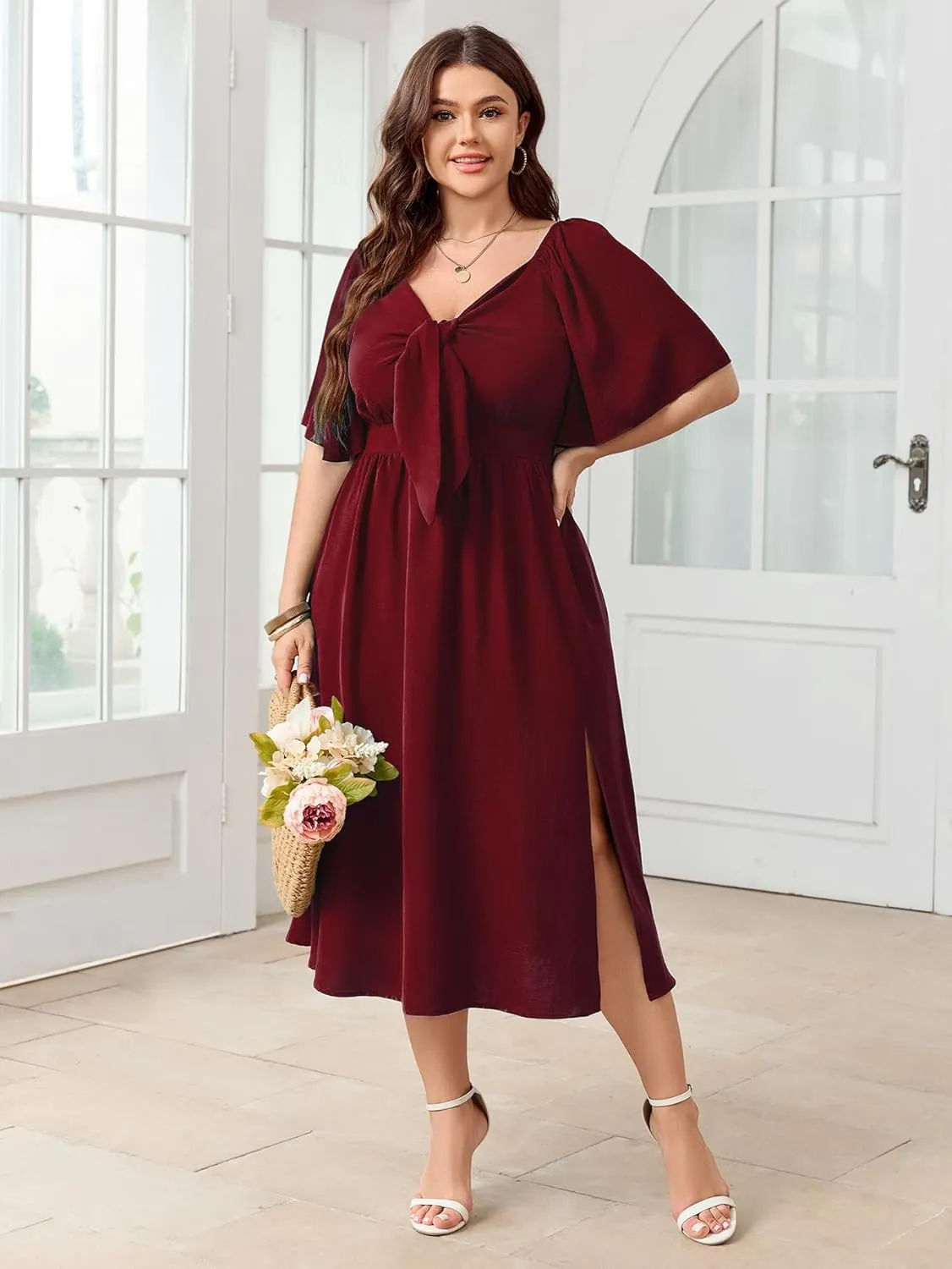 Plus Size Summer Dress Flowy Short Sleeve Deep V Neck Elegant Bow Tie Midi Dresses